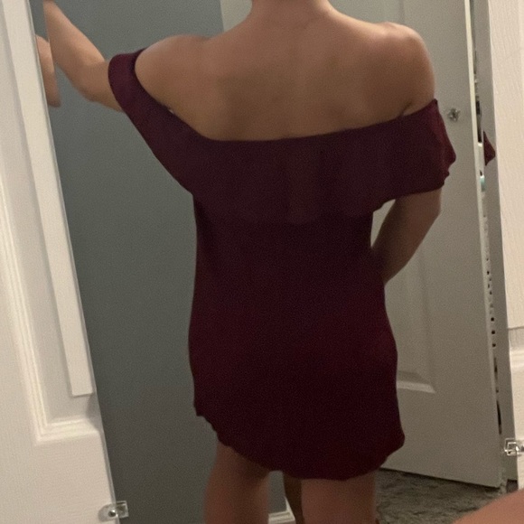 Ambiance Off Shoulder Ruffle Cranberry Dress - Picture 4 of 6